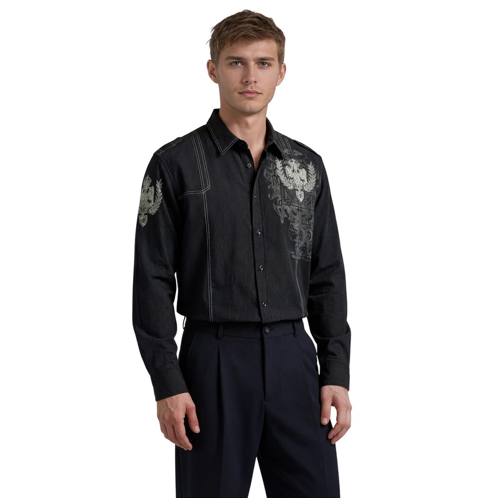 Roar Federation Shirt Men's Size Large Black Pinstripe Embroidered Vintage‎